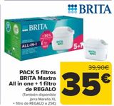 Oferta de PACK 5 filtros BRITA Maxtra All in one + 1 filtro de REGALO por 35€ en Carrefour
