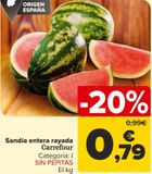 Oferta de Sandía entera rayada Carrefour por 0,79€ en Carrefour