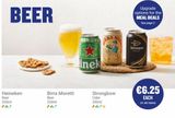 Oferta de BEER  Heineken Beer 330ml  Birra Moretti Beer 330ml  KEN ORIG A  inek  AIRRA  Strongbow Cider 330ml  VAUTENTICA  MOR  Upgrade options for the MEAL DEALS See page 3  STRONCHOW  €6.25  EACH (€1.89/100ml por 625€ en Ryanair