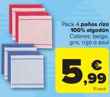 Oferta de Pack 4 paños rizo 100% algodón  por 5,99€ en Carrefour