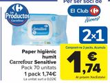 Oferta de Papel higiénico húmedo Carrefour Sensitive por 1,74€ en Carrefour Market