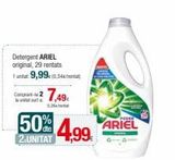 Oferta de Detergent ARIEL original, 29 rentats 1 unitat: 9,99€ (0.34€/rental)  Congrat 27,49  0.25  50% 4,99 ARIEL  en Condis
