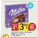 Oferta de ANTES  Milka  3  89  MAS  BAMTU  Bombón vainta y chocolate  Milka pack 3x65g  (119)  en Consum