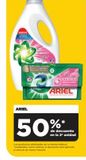 Oferta de NUEVO  ARIEL  50%  Los product lizados antu anda habitual *Combinatos como queras, descuento aplicade articule de menor importe  FRESCOR  ARIEL  %*  de descuento en la 2¹ unidad  en Alimerka