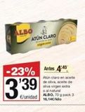 Oferta de ALBO  ATUN CLARO  -23%  3'39  E/unidad AB, 70g pack 3  16,14€/kilo  Antes 4:45  Atin claro en aceite de oliva, aceite de oliva virgen extra o al natural  en SPAR Fragadis