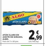 Oferta de ALBO  ATÚN CLARO UN CLARO O 3  ATÚN CLARO EN  ACEITE DE GIRASOL ALBO.  Pack de 3 x 48 gne.  2,99  (20,76€/kg)  en Hipercor