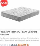 Oferta de 55%  Premium Memory Foam Comfort Mattress  The Comfort viscoelastic mattress 22 centimeters thick Dormitienda. It is designed for all those who  746,00 € (-55%) 335,70 €   por 335,7€ en Dormitienda