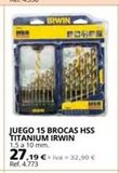 Oferta de IRWIN  ORFE  JUEGO 15 BROCAS HSS TITANIUM IRWIN 1,5 a 10 mm.  27.19 € iva 32,90 €  Ref. 4.773  por 2719€ en Coferdroza
