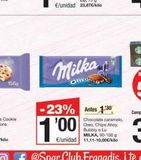 Oferta de 156g  €/unidad 23,87€/kilo  Milka  OREG  -23% Antes 1:30  100  Chocolate caramelo, Oreo, Chips Ahoy. Bubbly o Lu MILKA, 90-100 g E/unidad 11.11-10,00€/kilo  en SPAR Fragadis