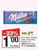 Oferta de Milka  OREGS  -23% Antes 1:30,  100  Chocolate caramelo, Oreo, Chips Ahoy,  Bubbly a Lu MILKA, 90-100 g  €/unidad 11,11-10,00€/ko  en SPAR Fragadis